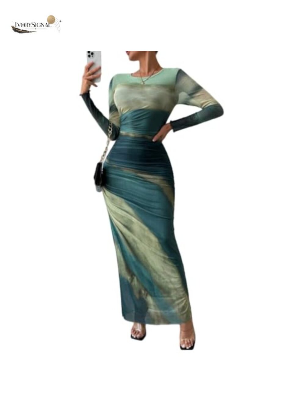 Women's Long Sleeve Bodycon Maxi Dress Ruched Mesh Tie Dye Casual